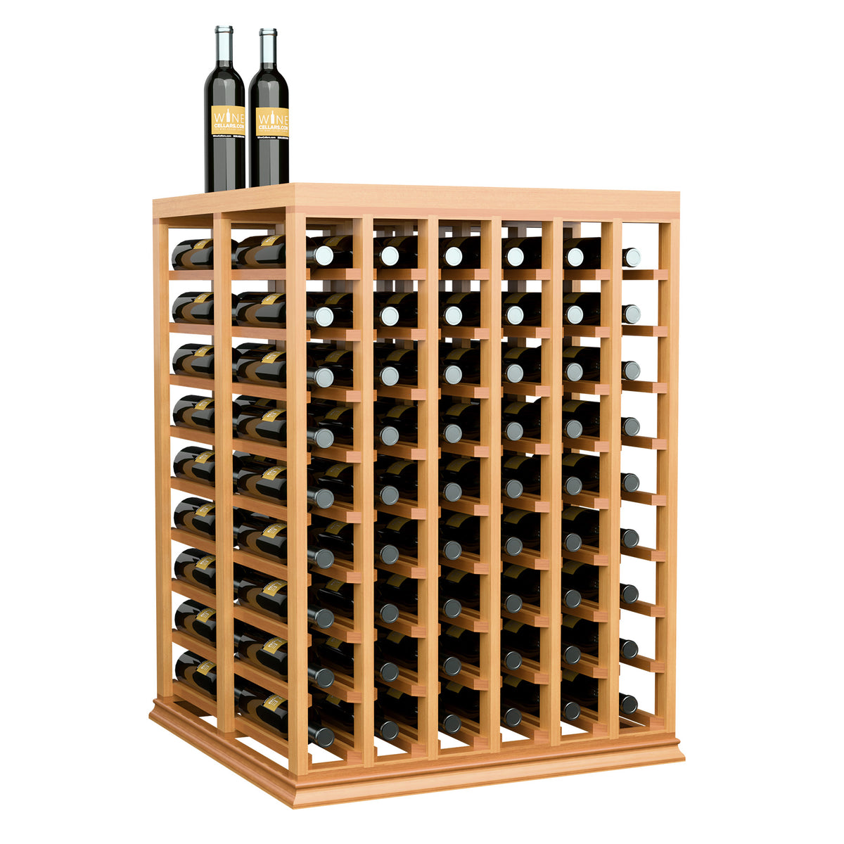 Half-height double wine tasting table with solid top, dark wood frame and bottle slots