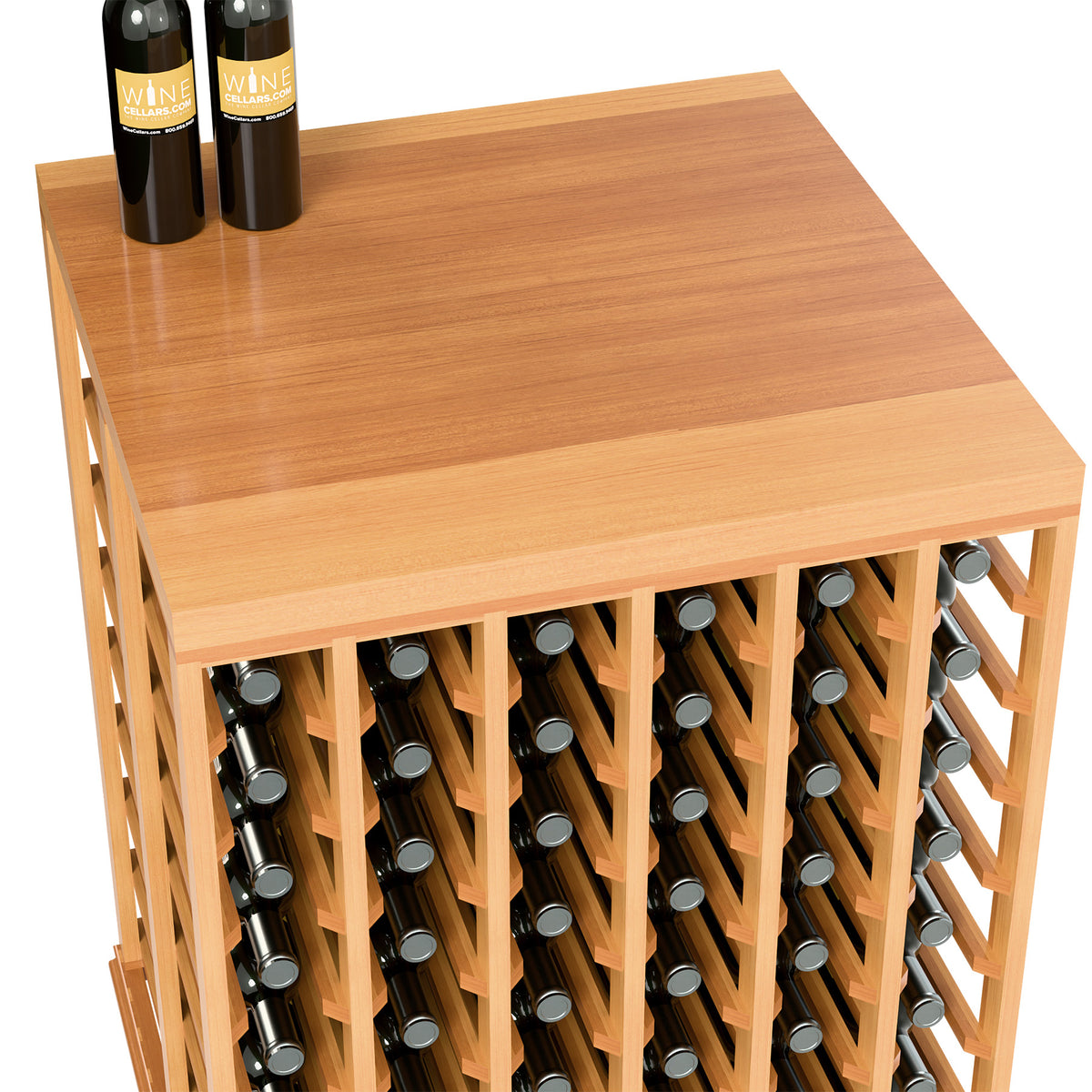 Half-height double wine tasting table with solid top, light wood and front bottle rack view