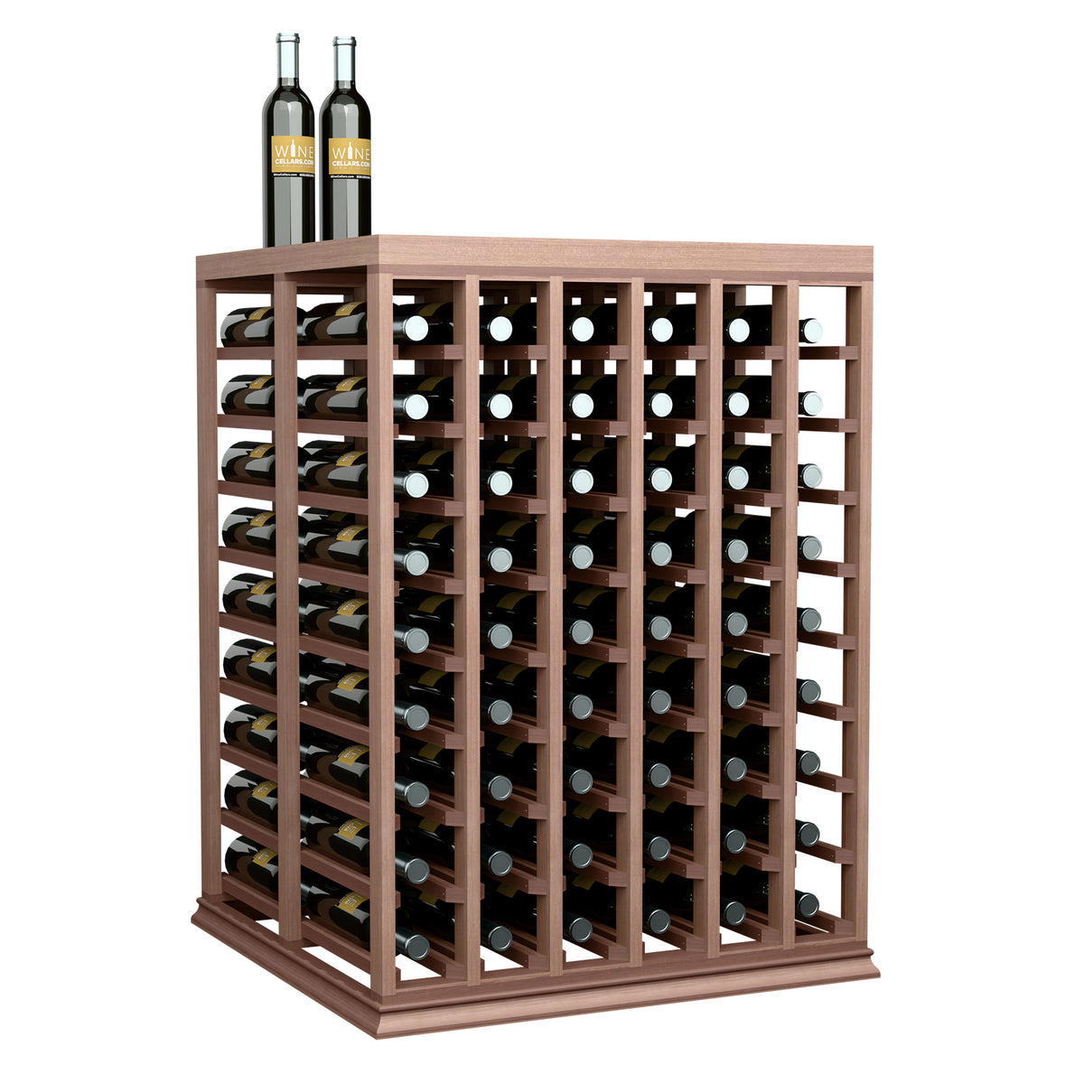 Half-height double wine tasting table with solid top, light wood frame and front bottle rows