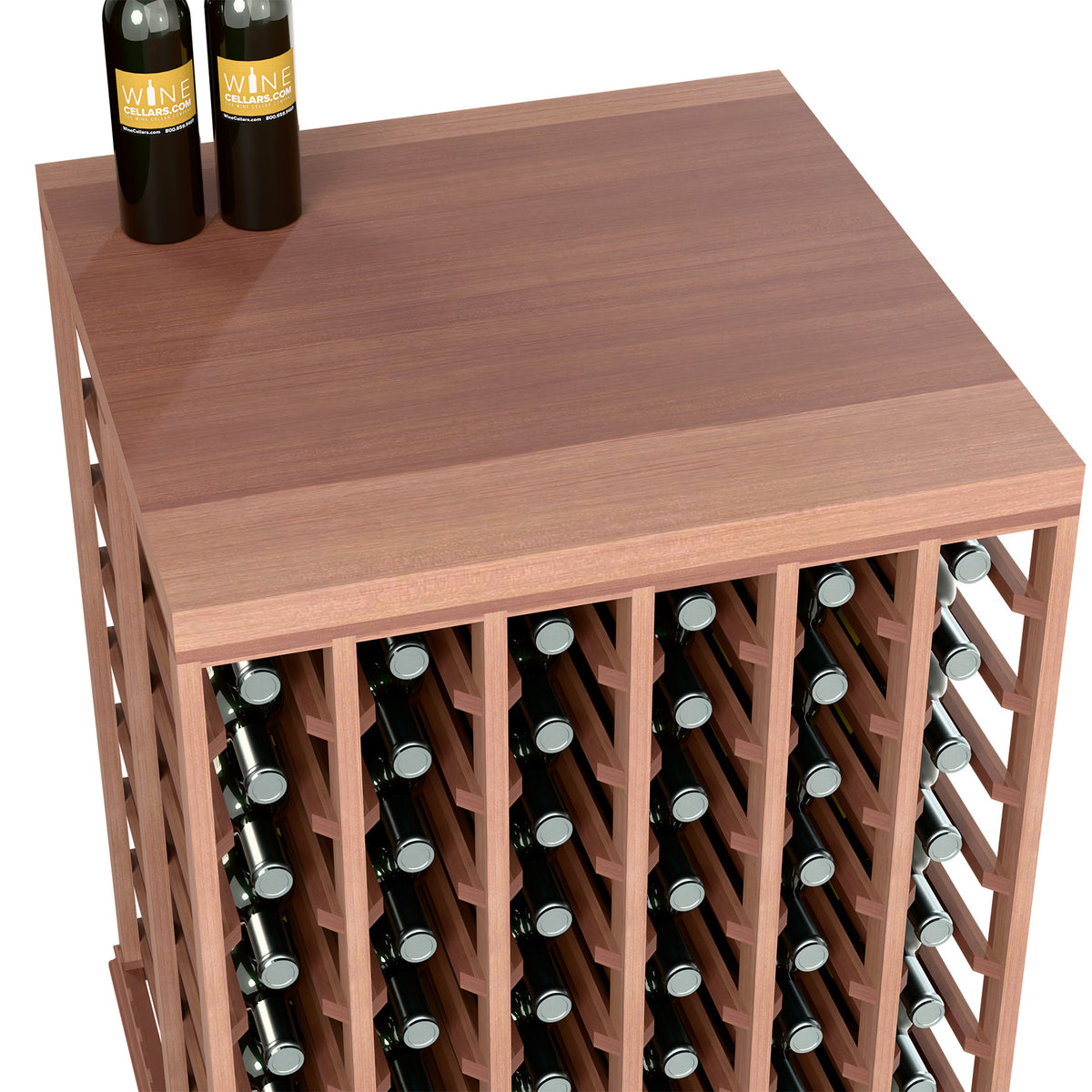 Half-height double wine tasting table with solid top, medium wood and angled bottle holder view
