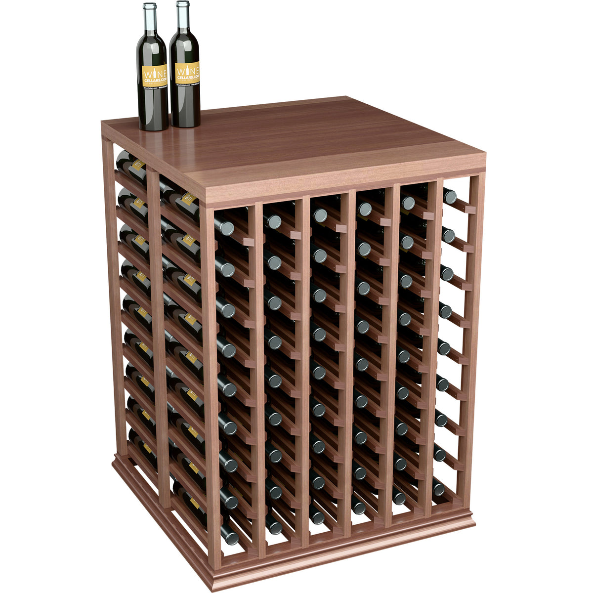 Half-height double wine tasting table with solid top, dark wood finish and two bottle display