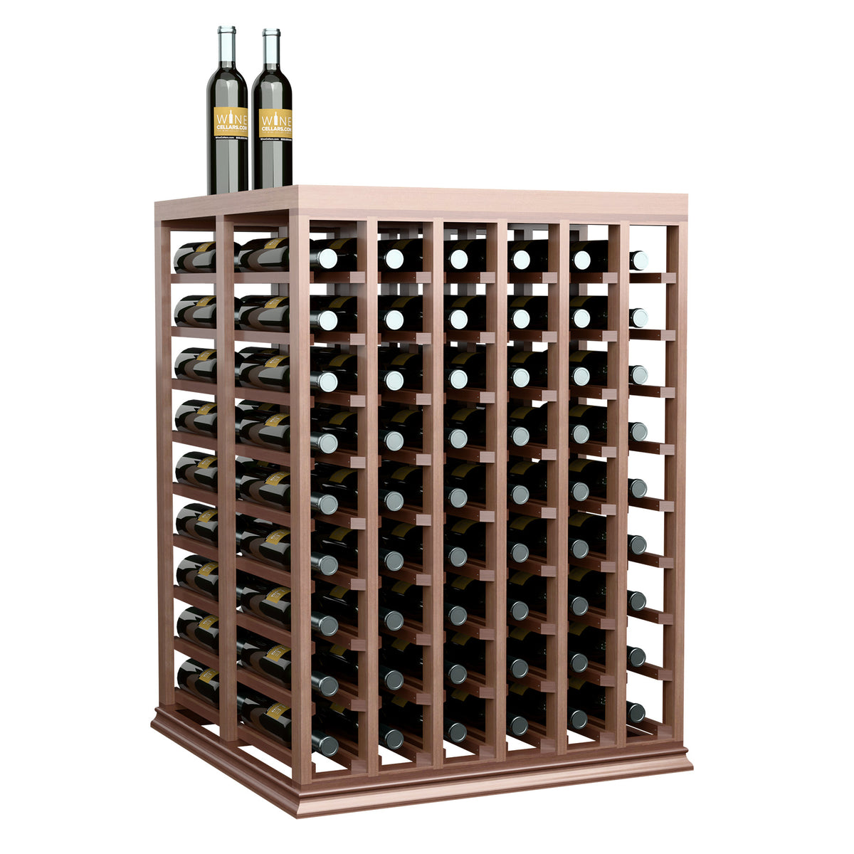 Half-height double wine tasting table with solid top, light wood frame and full bottle grid