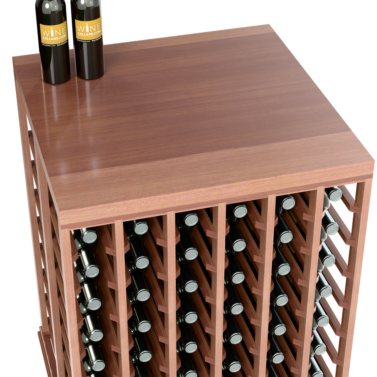 Half-height double wine tasting table with solid top, medium wood and close-up bottle rack