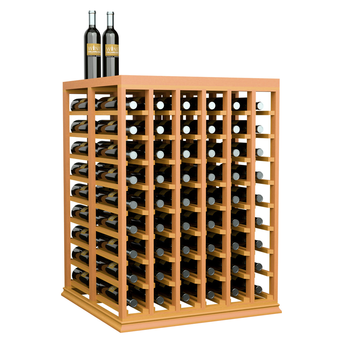 Half-height double wine tasting table with solid top, golden wood frame and wine bottle rows