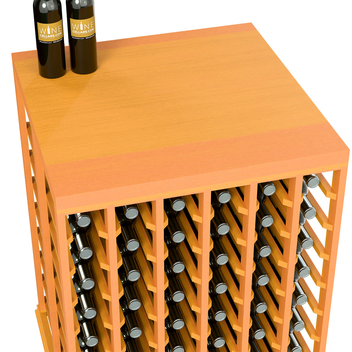 Half-height wine tasting table with solid wood top and bottle holders, orange finish