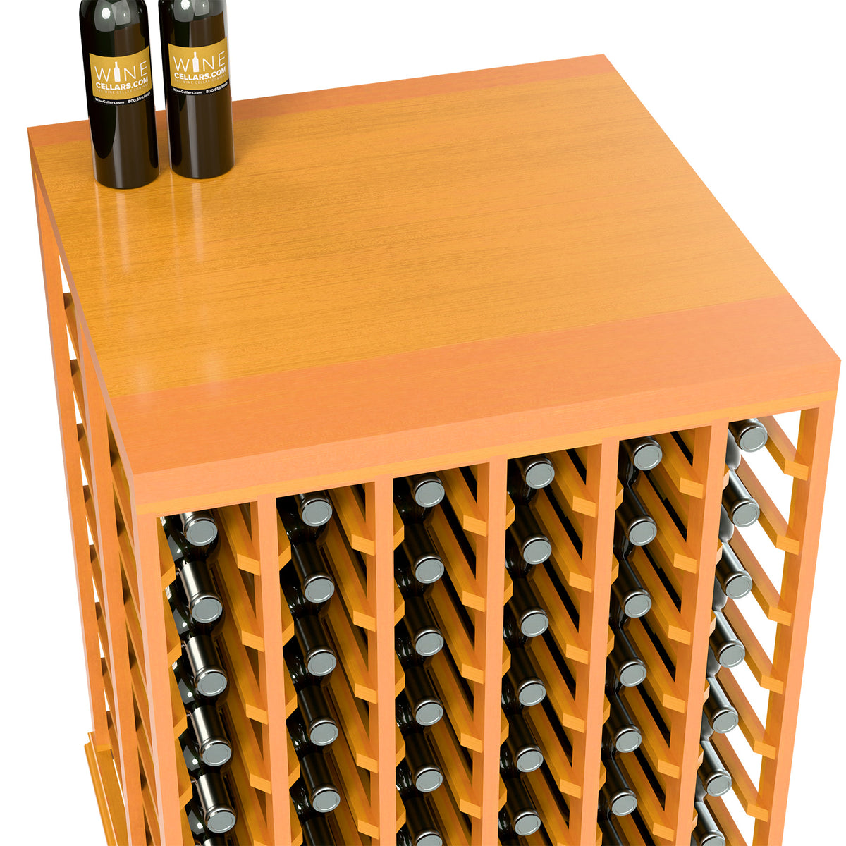Half-height wine tasting table with solid top and bottle holders, orange finish