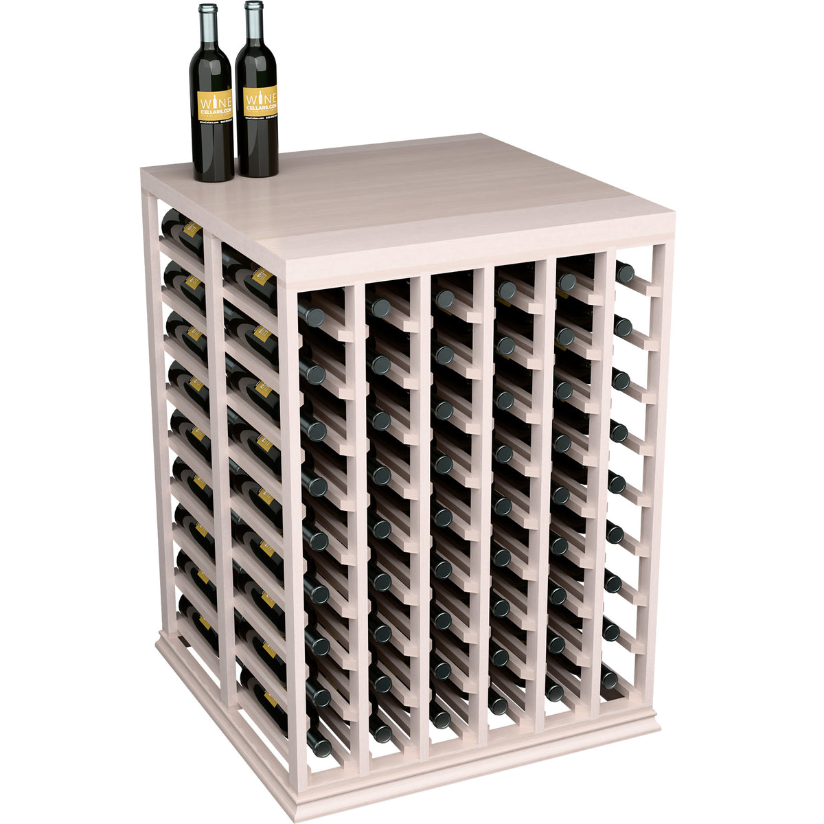 Half-height wine tasting table with front bottle rack and solid top, light white finish