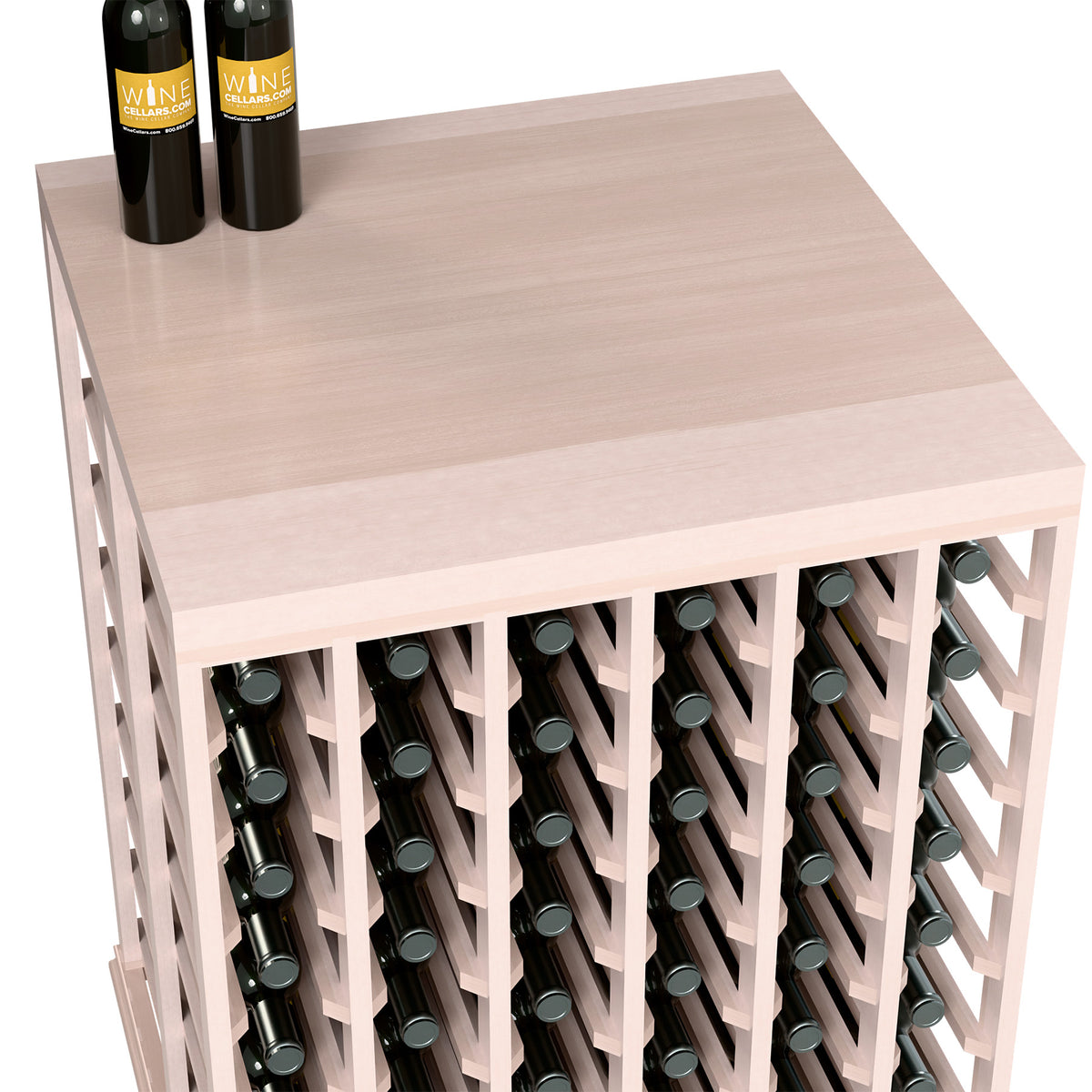 Half-height wine tasting table with solid top and bottle holders, light wood finish