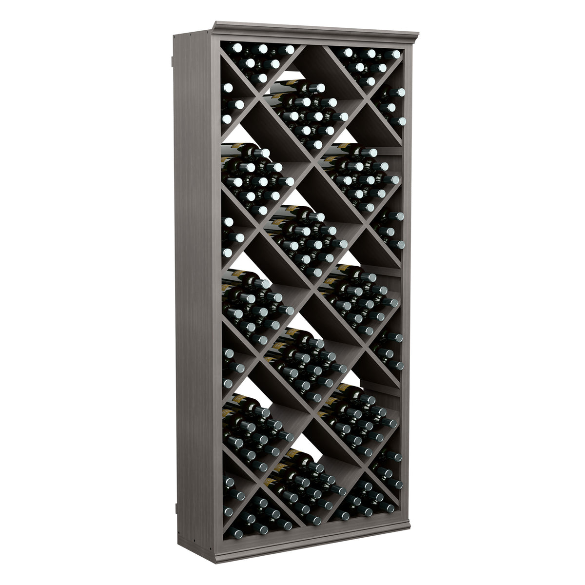 Gray wood wine bottle storage cabinet with diamond lattice rack and bottle holders