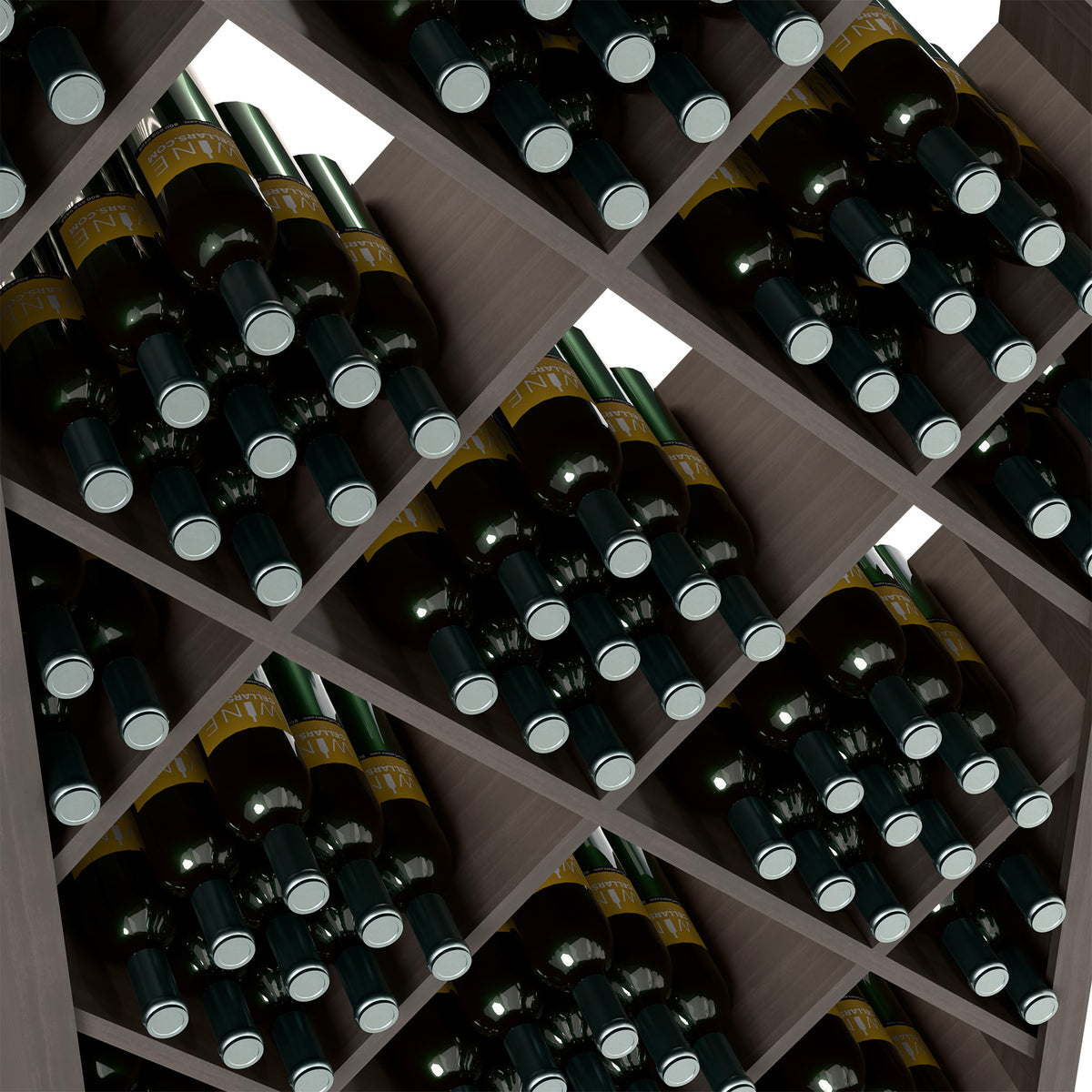 Diamond wine rack detail with dark bottles in square grid bottle slots