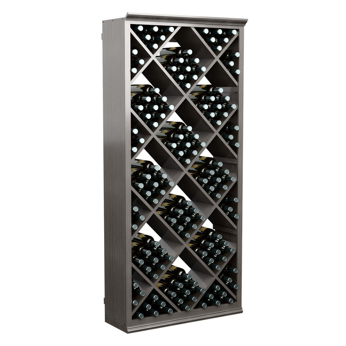 Gray wine bottle storage cabinet with diamond lattice front and filled bottle compartments