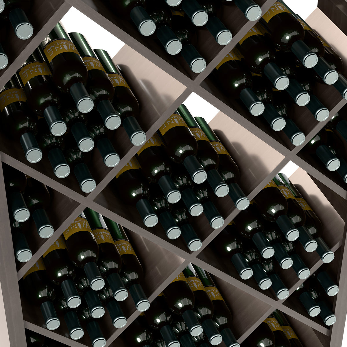 Diamond wine rack close-up with dark bottles and numbered-style bottle slots