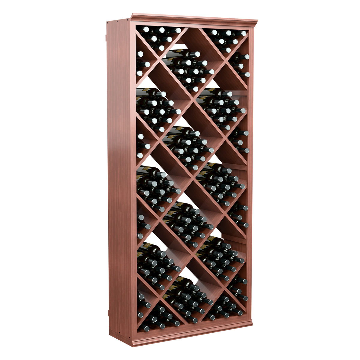 Red-brown wine bottle storage cabinet with diamond lattice front and bottle slots