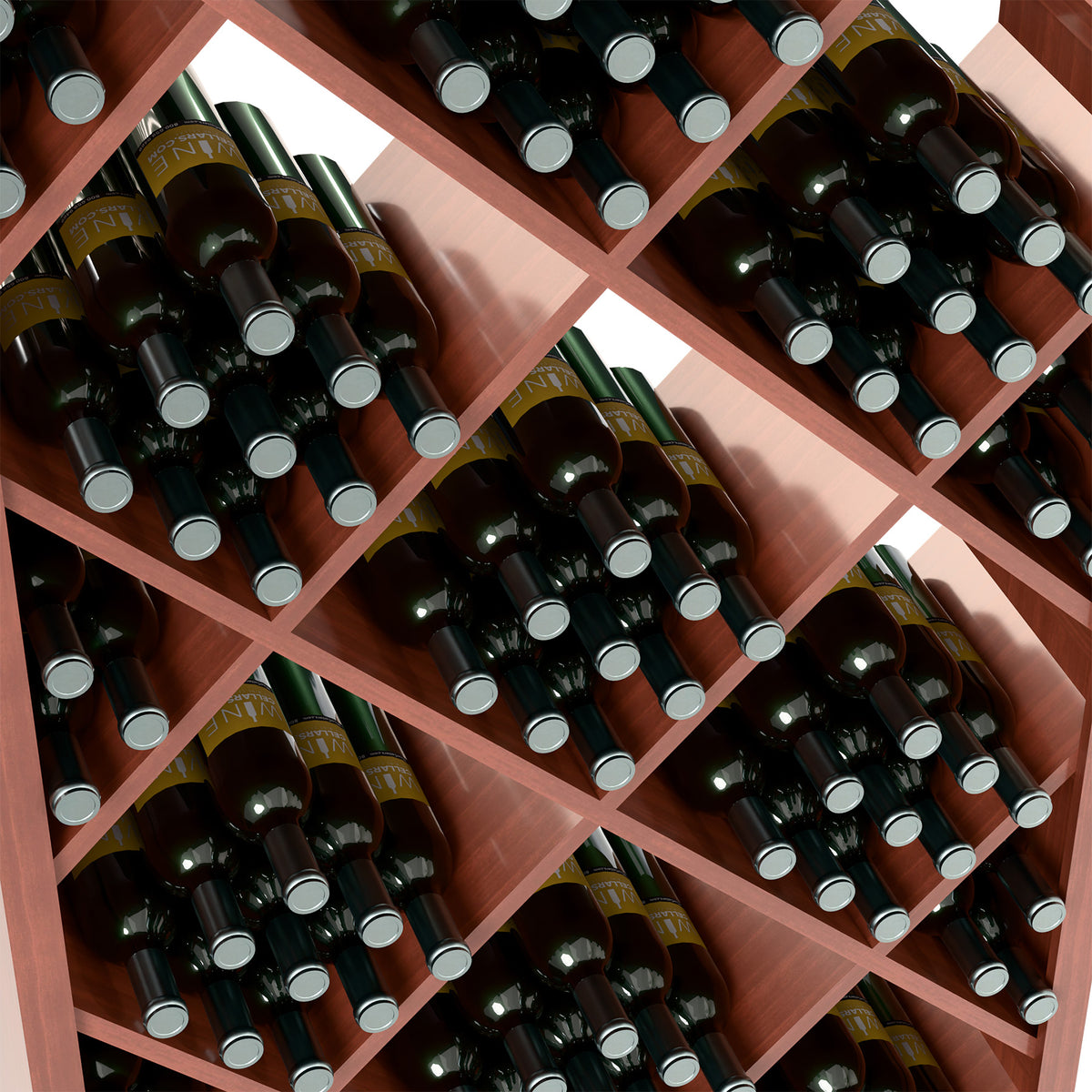Diamond wine rack close-up with dark bottles in red-brown wooden grid slots