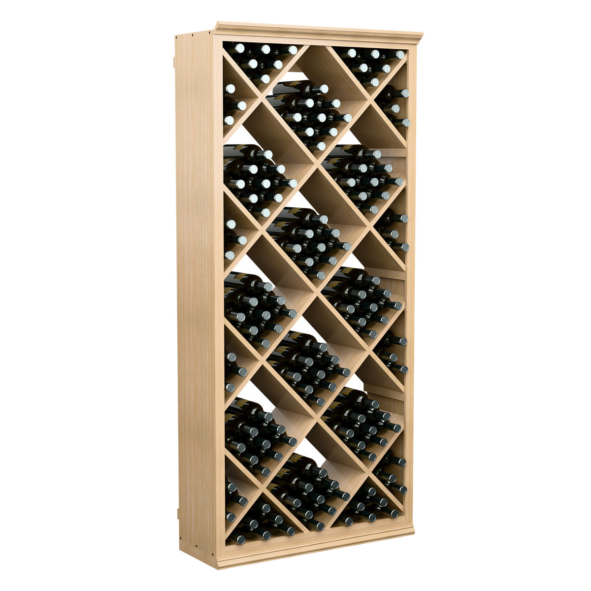 Light wood diamond-pattern wine bottle storage rack, 6 ft tall with square bottle slots