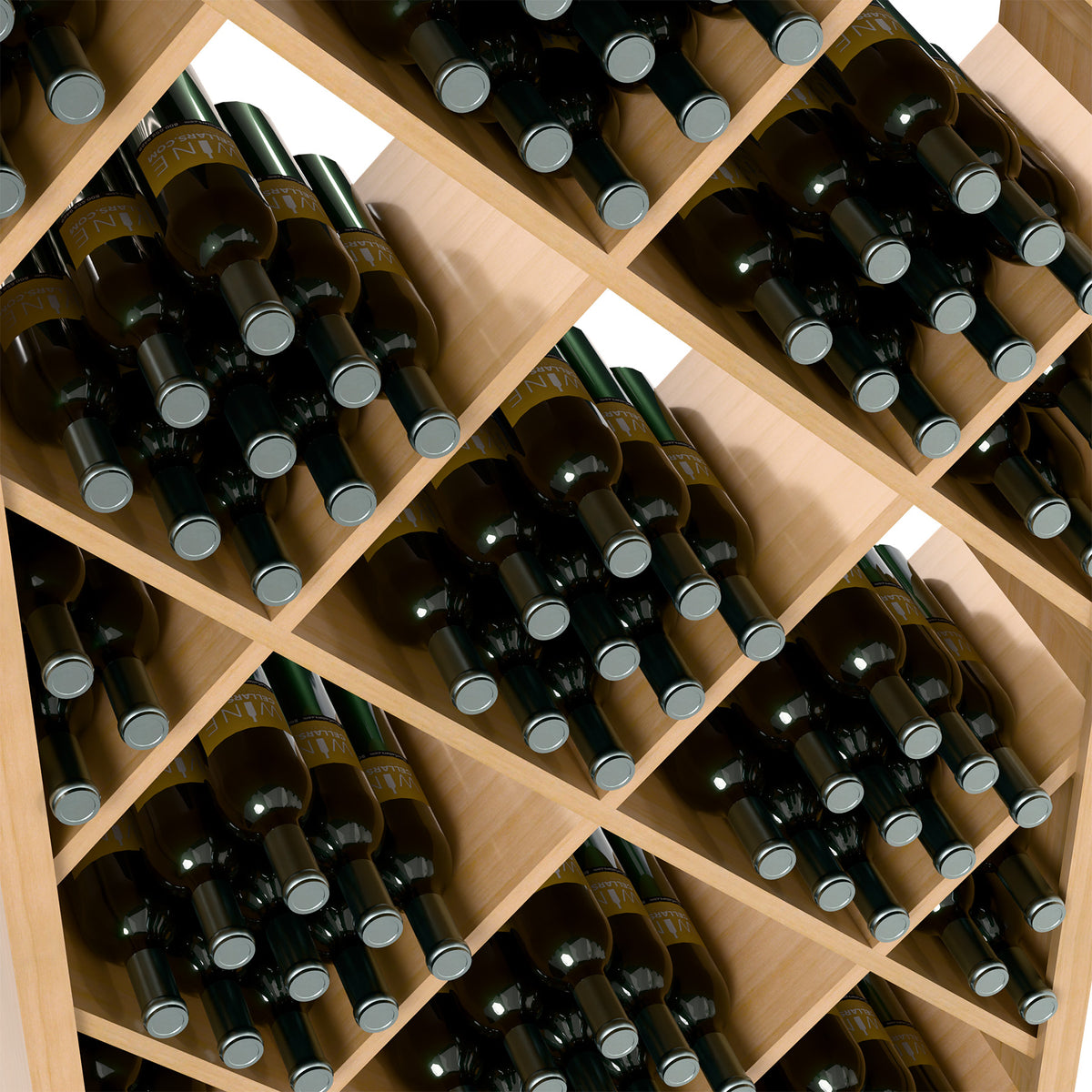 Close-up of dark wine bottles in light wood diamond-grid bottle compartments