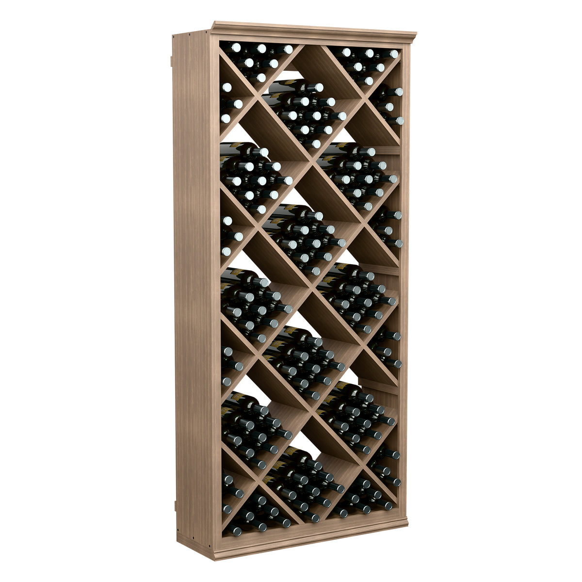 Light wood diamond-pattern wine bottle storage rack with full front row bottle slots