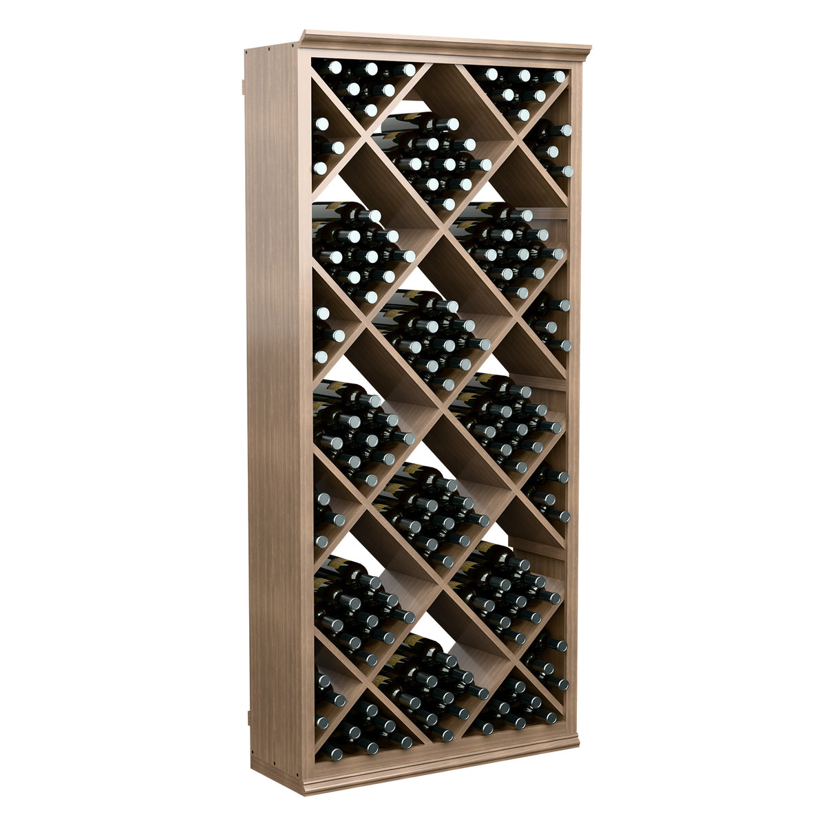Light wood diamond-pattern wine bottle storage rack with stacked bottle storage compartments