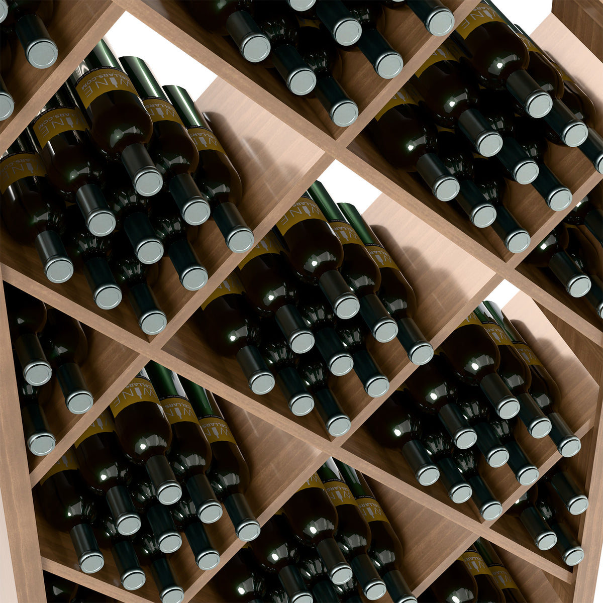 Close-up of dark wine bottles arranged in diamond-grid openings on light wood