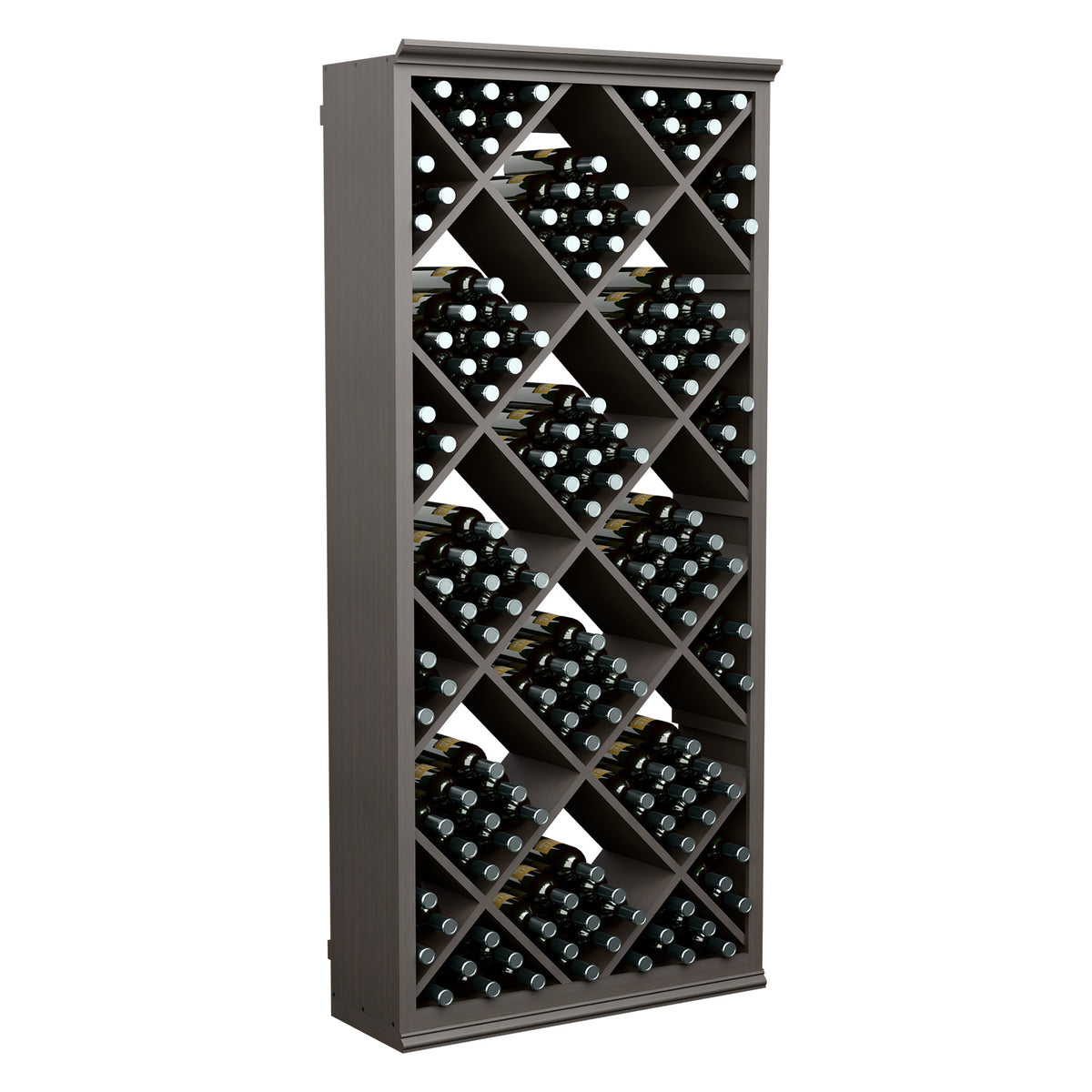 Dark gray diamond-pattern wine bottle storage rack, 6 ft tall with front bottle slots