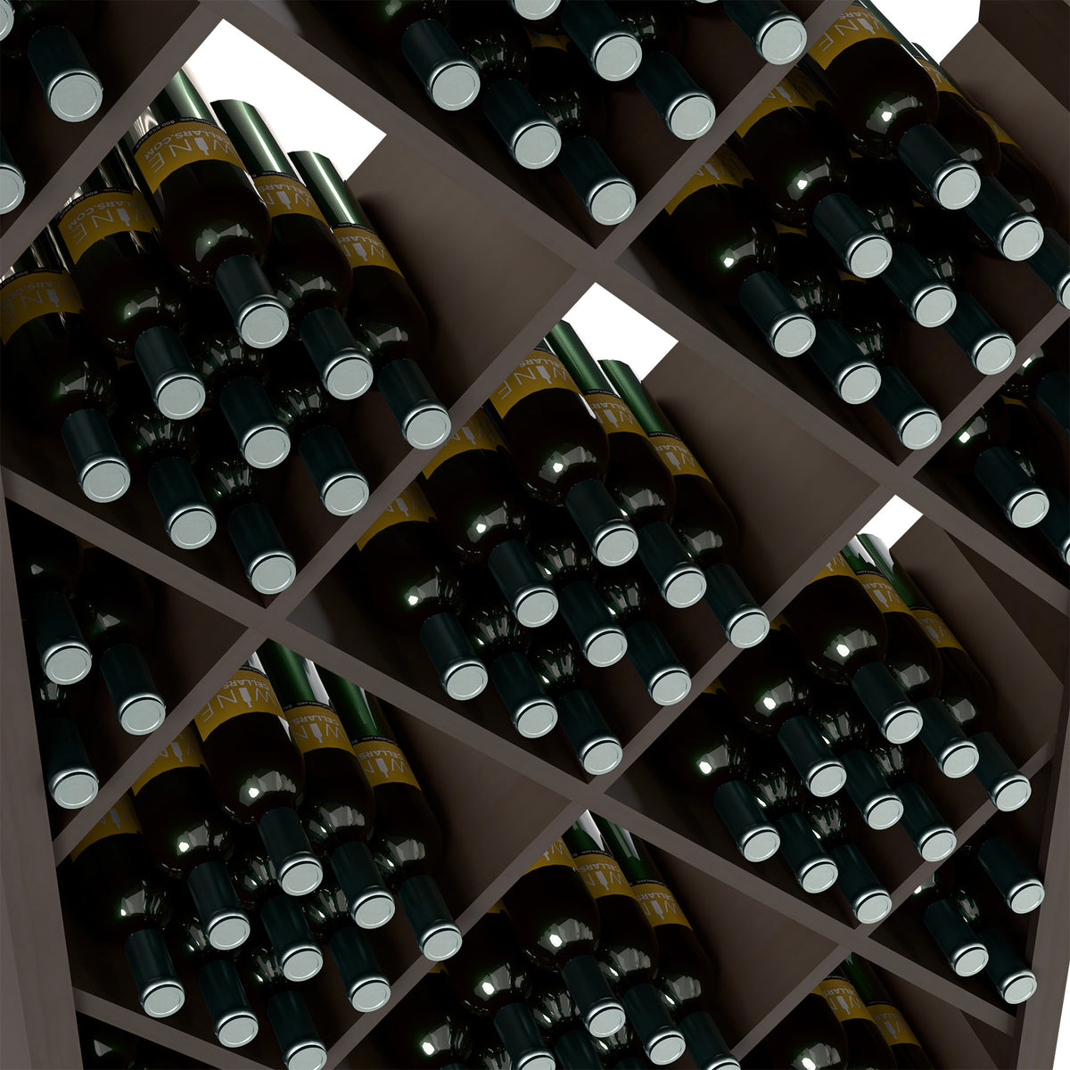 Close-up of wine bottles in diamond-grid compartments on a dark wood rack