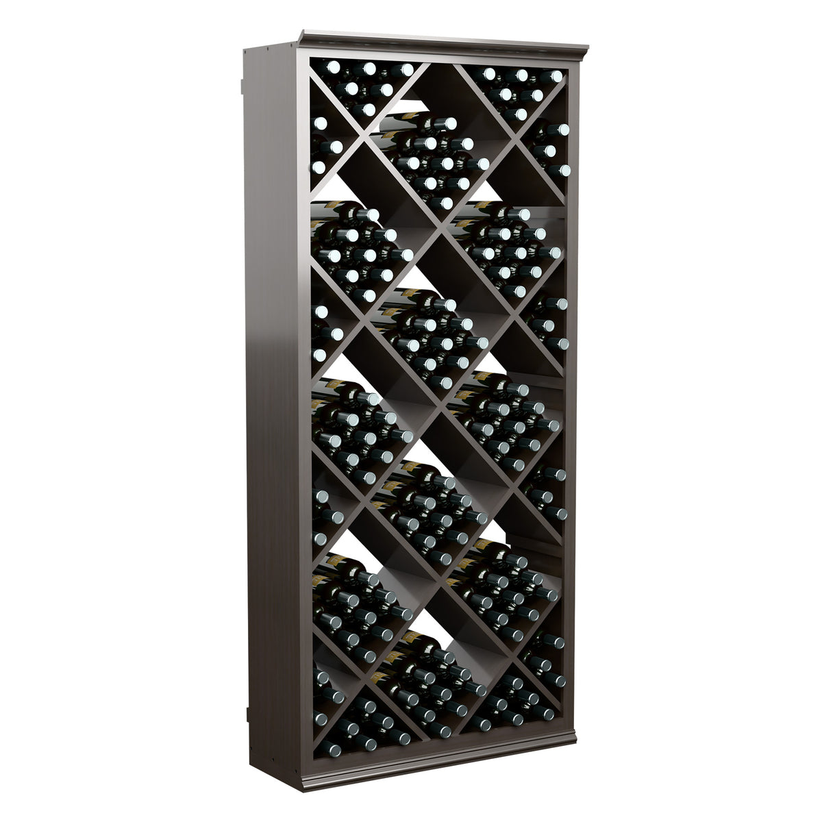 Dark gray diamond-pattern wine bottle storage rack with multiple bottle rows