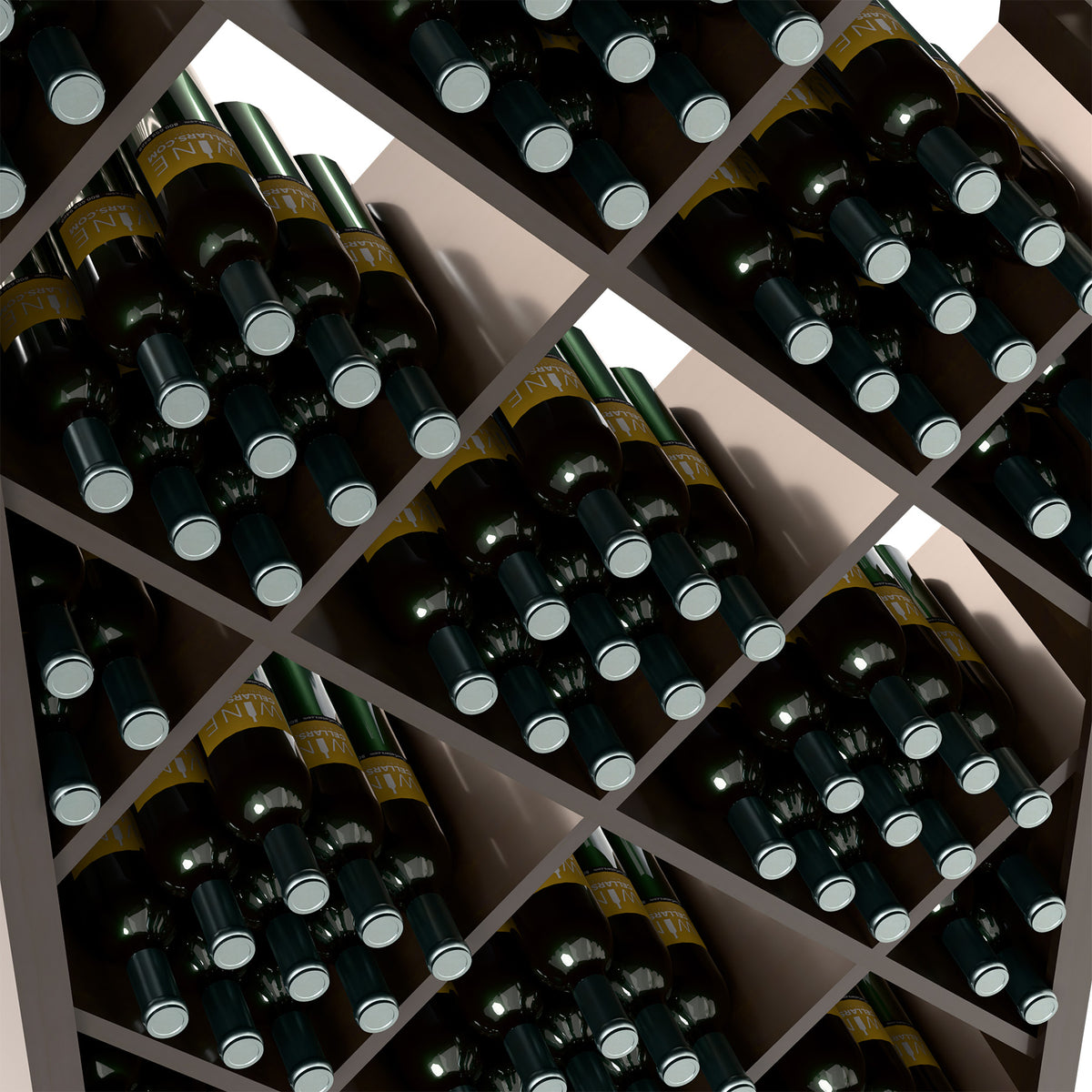 Close-up of dark wine bottles in diamond-grid compartments on a dark rack