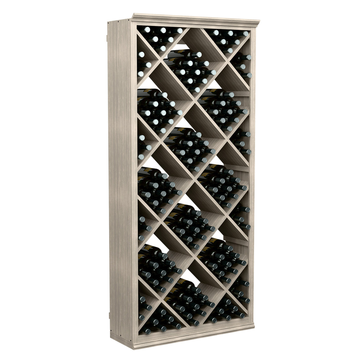 Wine storage bin with diamond-grid shelves and stacked dark bottles in rows