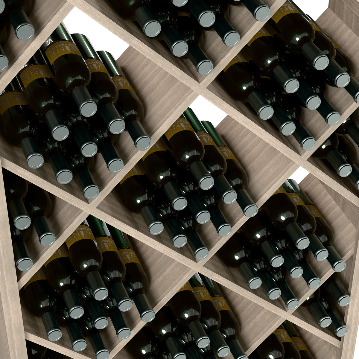Diamond-grid wine storage bin detail with dark bottles in square compartments
