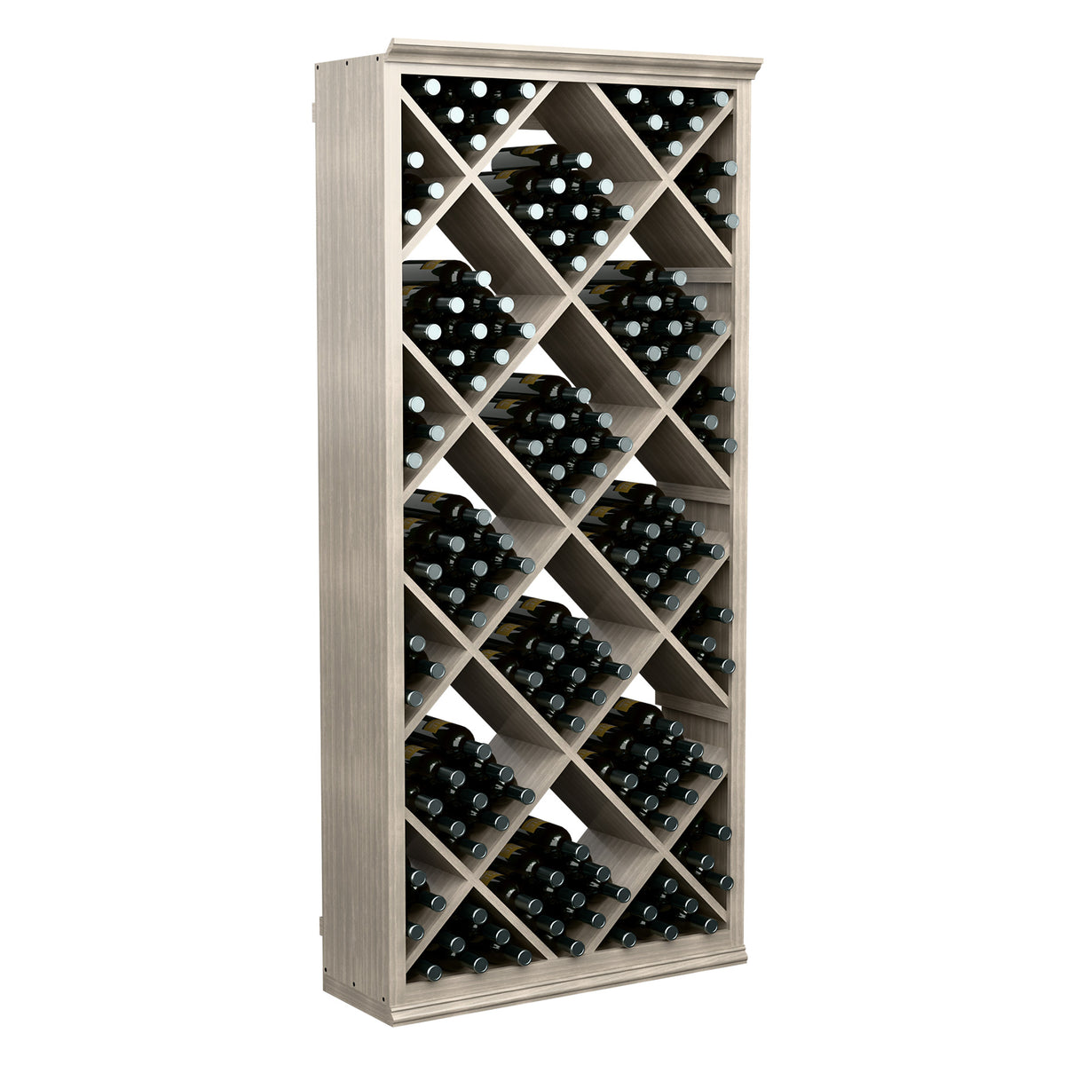 Wine storage bin with diamond-grid interior holding dark bottles on tiered shelves