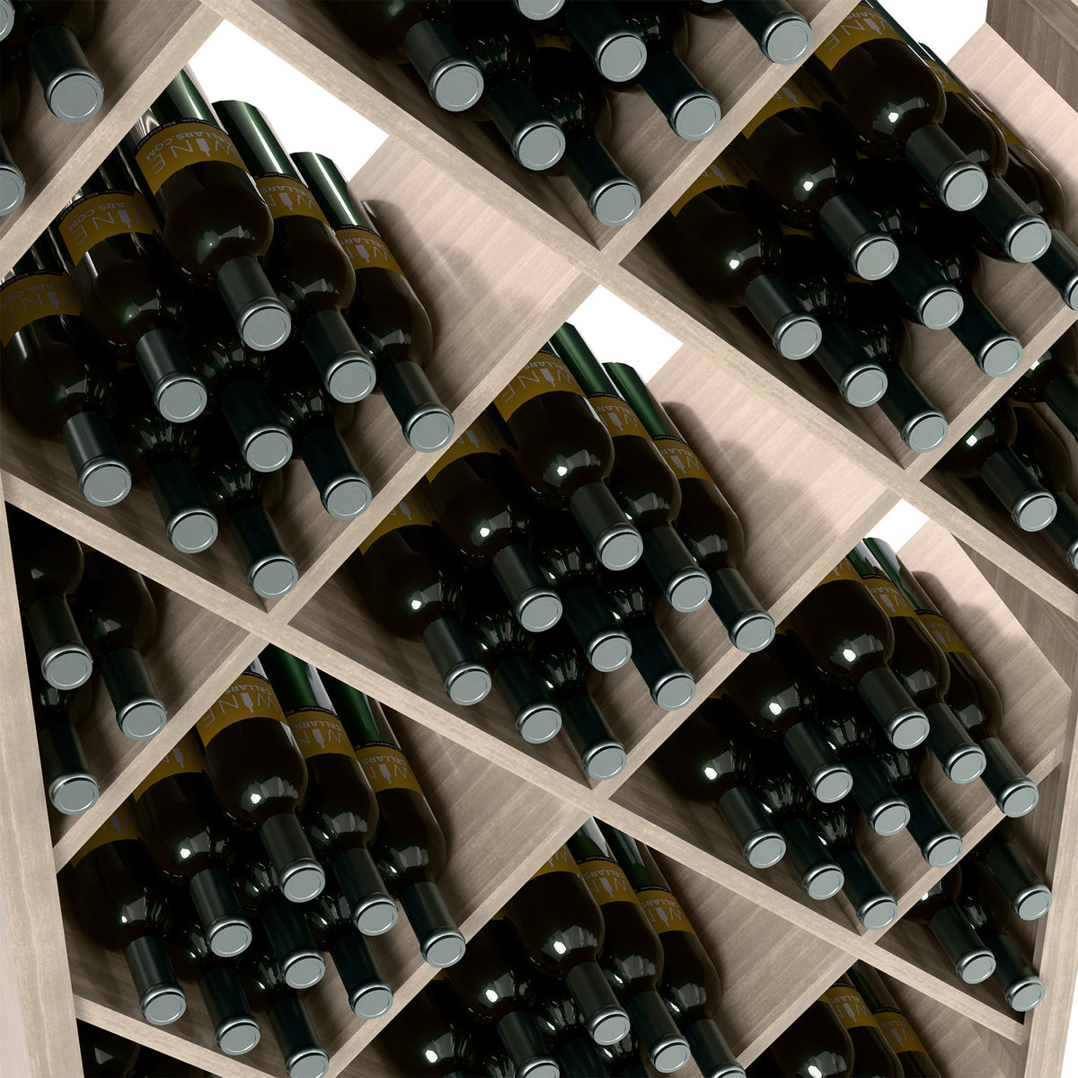 Close-up of diamond-grid wine storage bin with dark bottles and silver caps