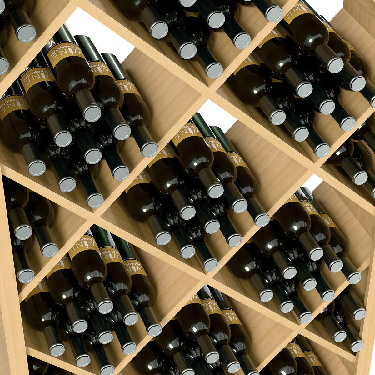 Diamond-grid wine storage bin detail with dark bottles in light wood compartments