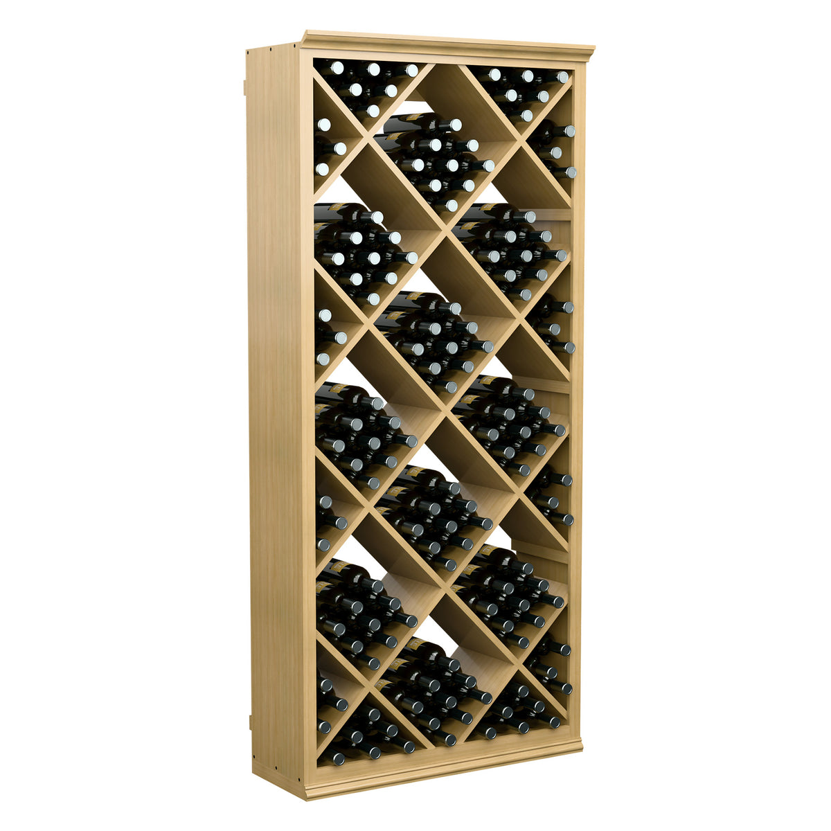 Wine storage bin with diamond-grid interior holding dark bottles in light wood