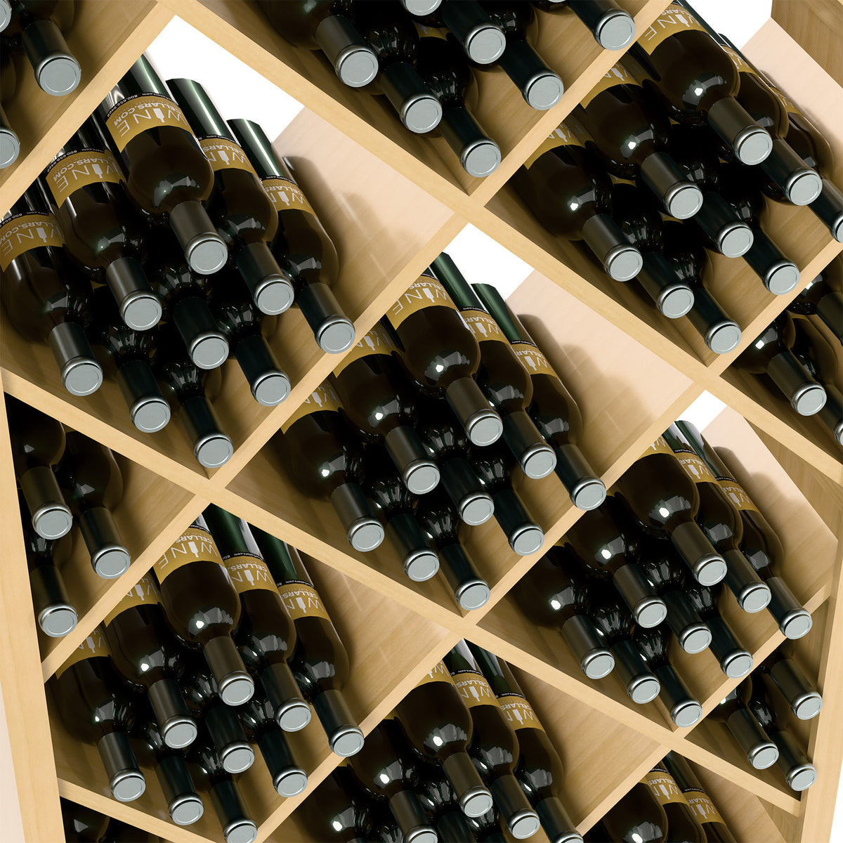 Close-up of diamond-grid wine storage bin with dark bottles in light wood