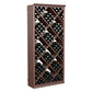 Wine storage bin with diamond-grid shelves and stacked dark bottles in dark wood