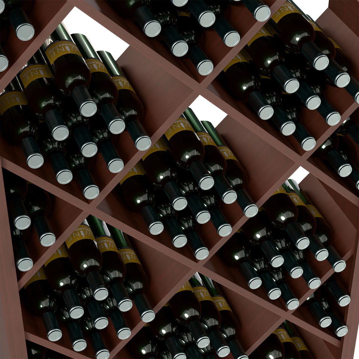 Diamond-grid wine storage bin detail with dark bottles in dark wood compartments