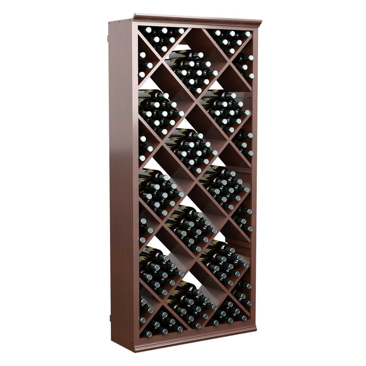 Brown wood wine storage bin with diamond lattice cells holding rows of dark bottles
