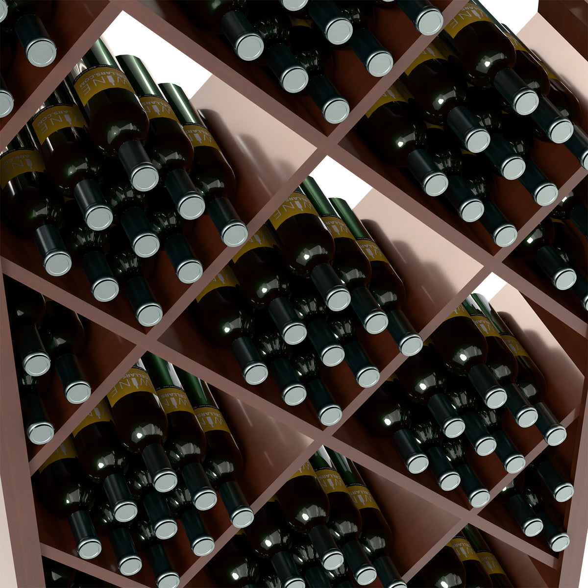 Close-up of dark wine bottles in diamond-pattern wooden storage cells