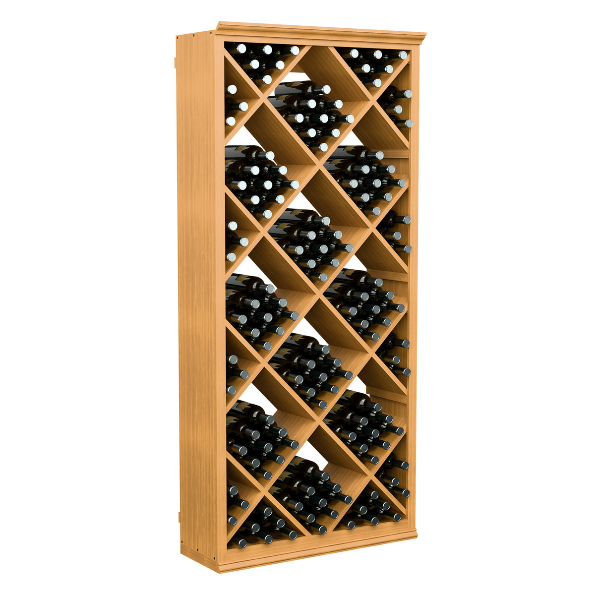 Light wood wine storage bin with diamond lattice and rows of dark wine bottles