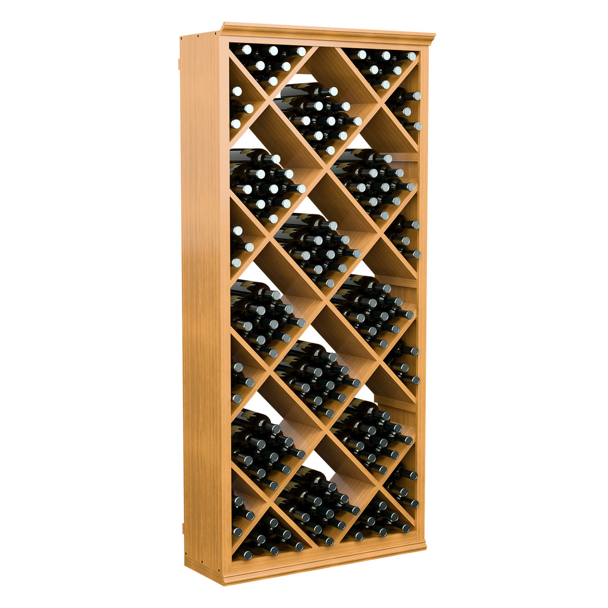 Light wood wine storage cabinet with diamond lattice for holding multiple wine bottles
