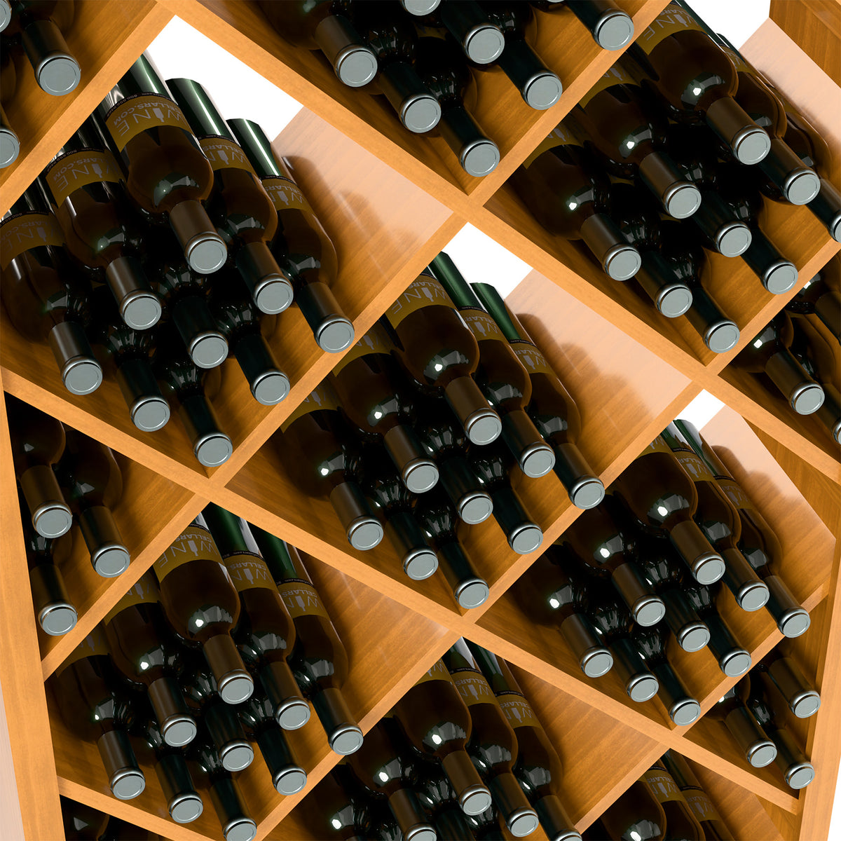 Diamond lattice bottle organizer with dark bottles in light wood compartments