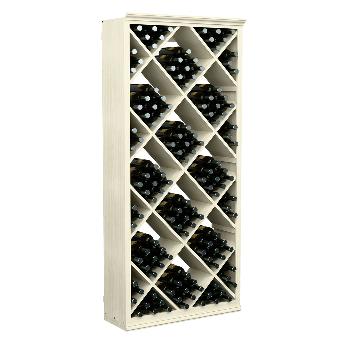 White wine storage bin with diamond lattice cells and rows of dark wine bottles