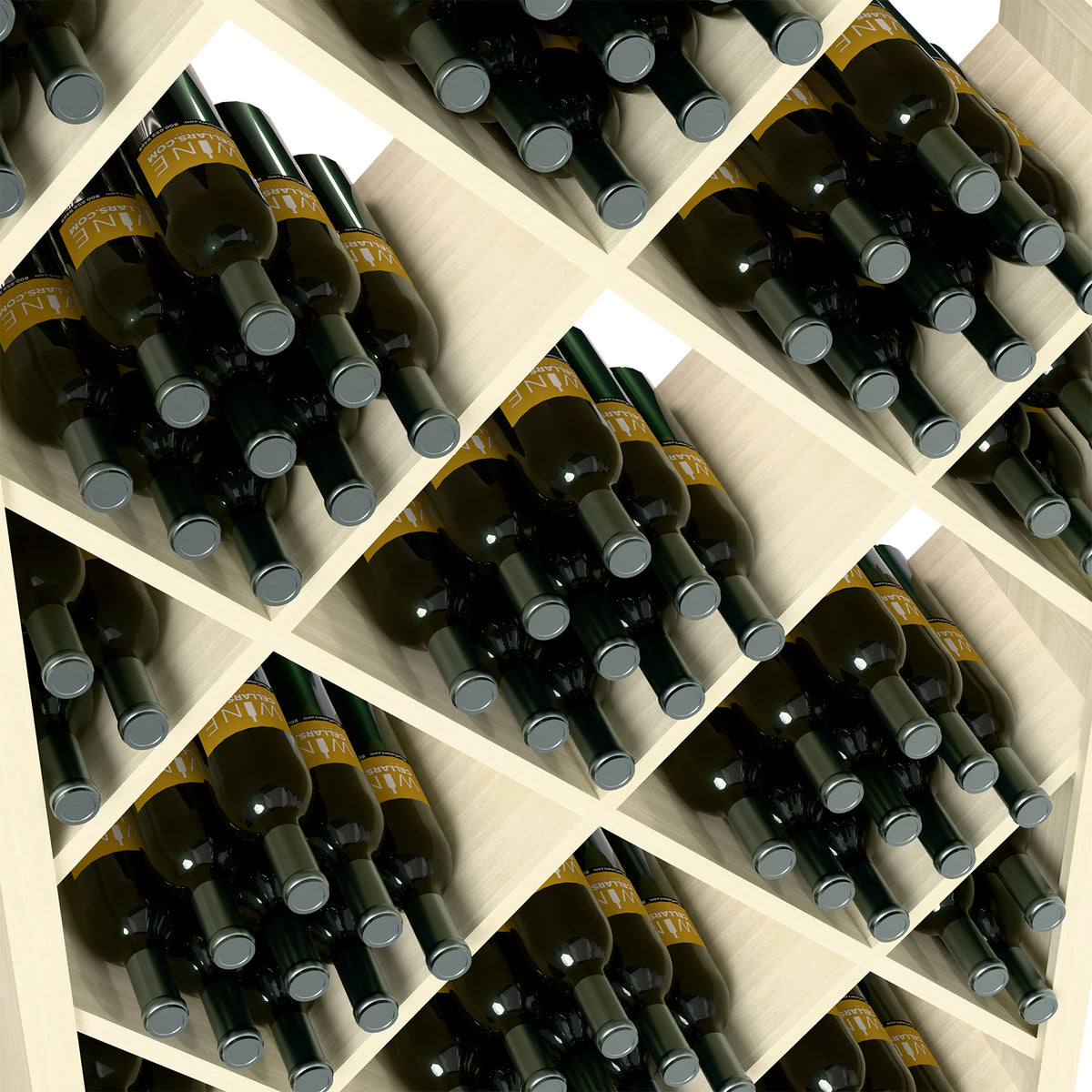 Close-up of dark wine bottles in diamond-pattern cubbies inside a light frame