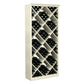 Whitewashed wine storage cabinet with diamond lattice and rows of dark bottles