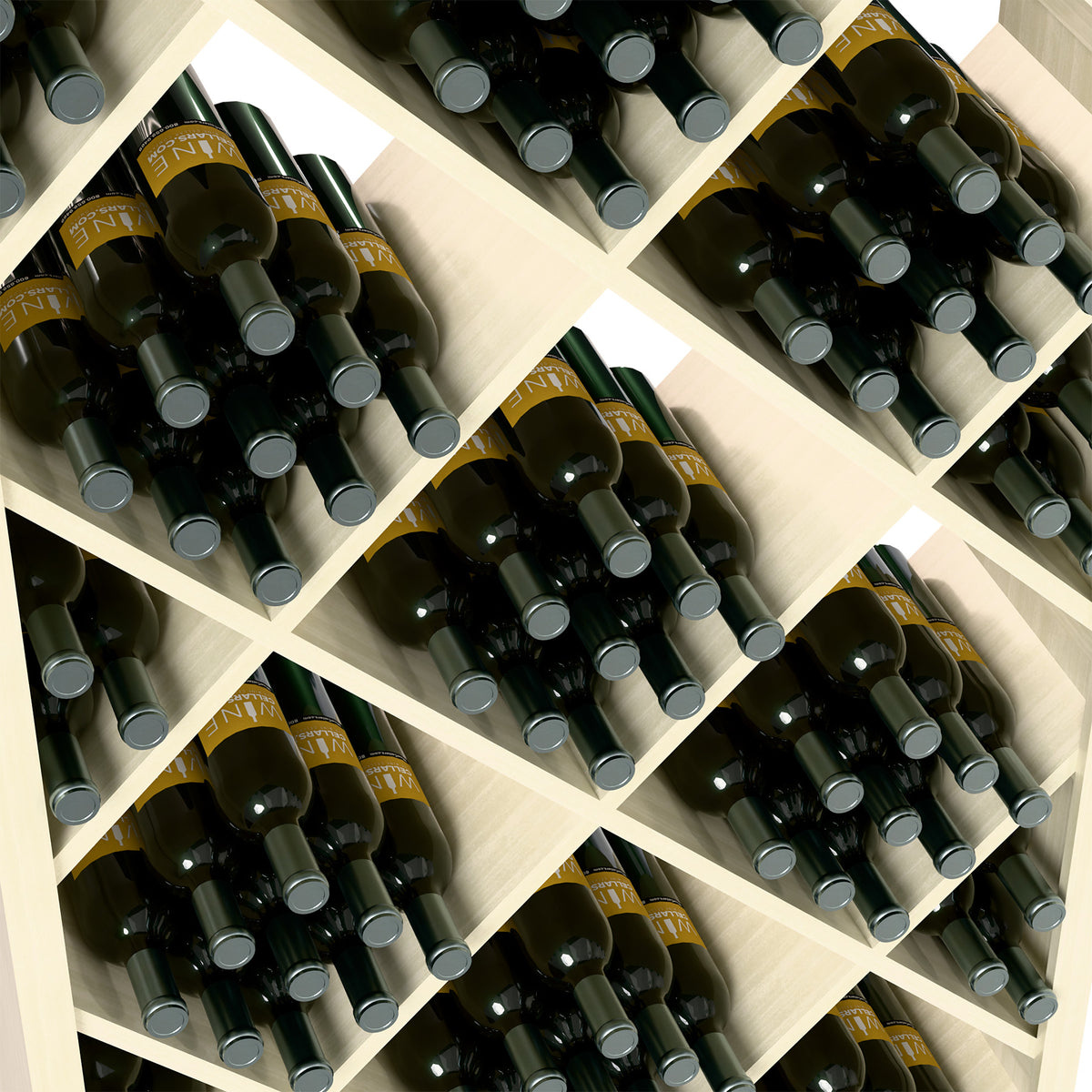 Diamond lattice wine bin close-up with dark bottles in light wooden compartments