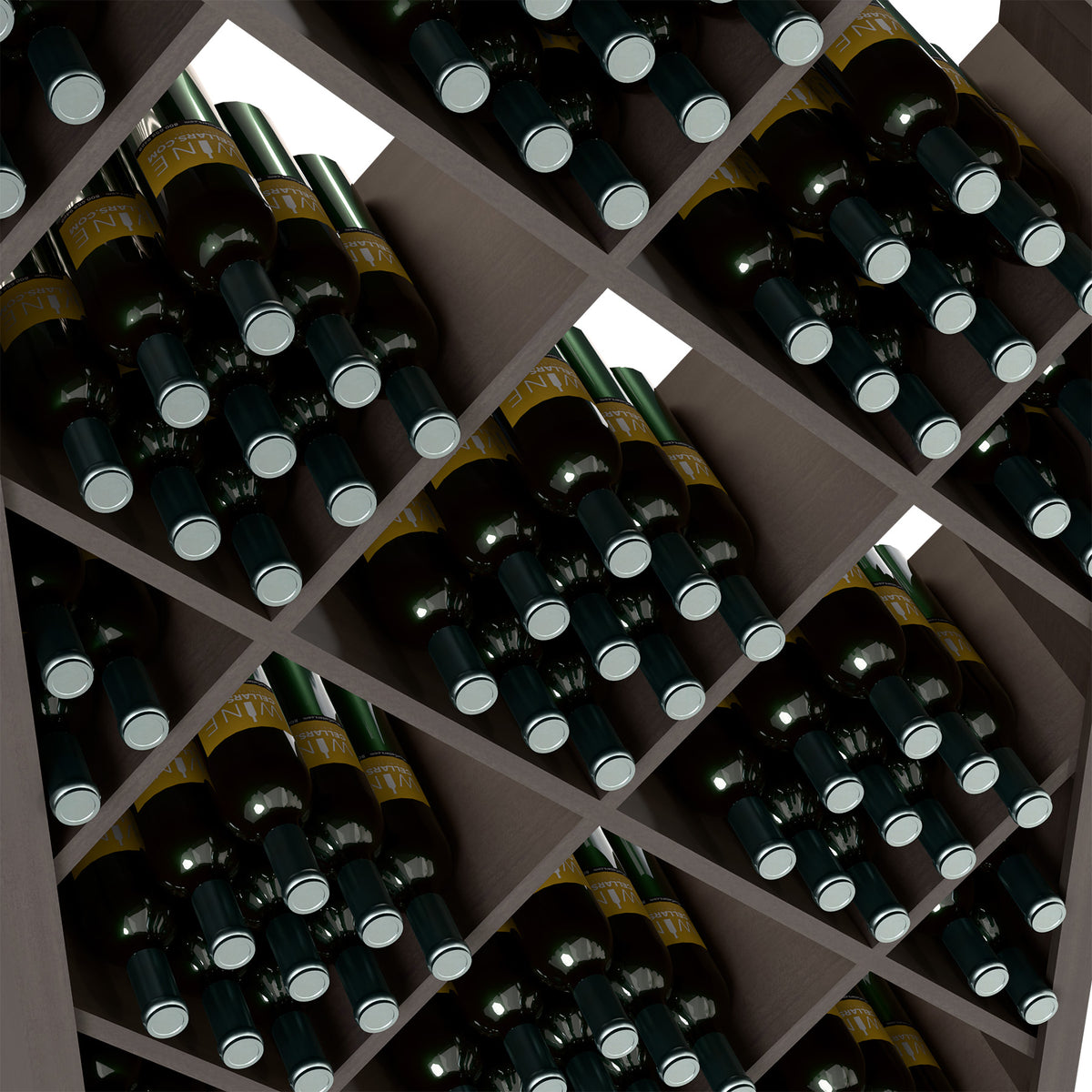 Wine bottle storage cabinet interior with crisscross wooden slots and dark bottles