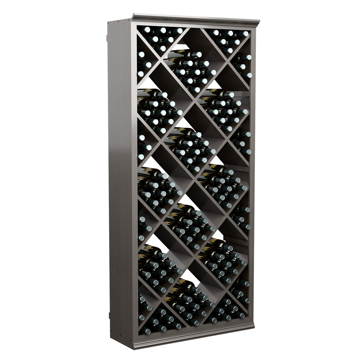 Wine bottle storage cabinet with crisscross wooden slots and dark gray frame