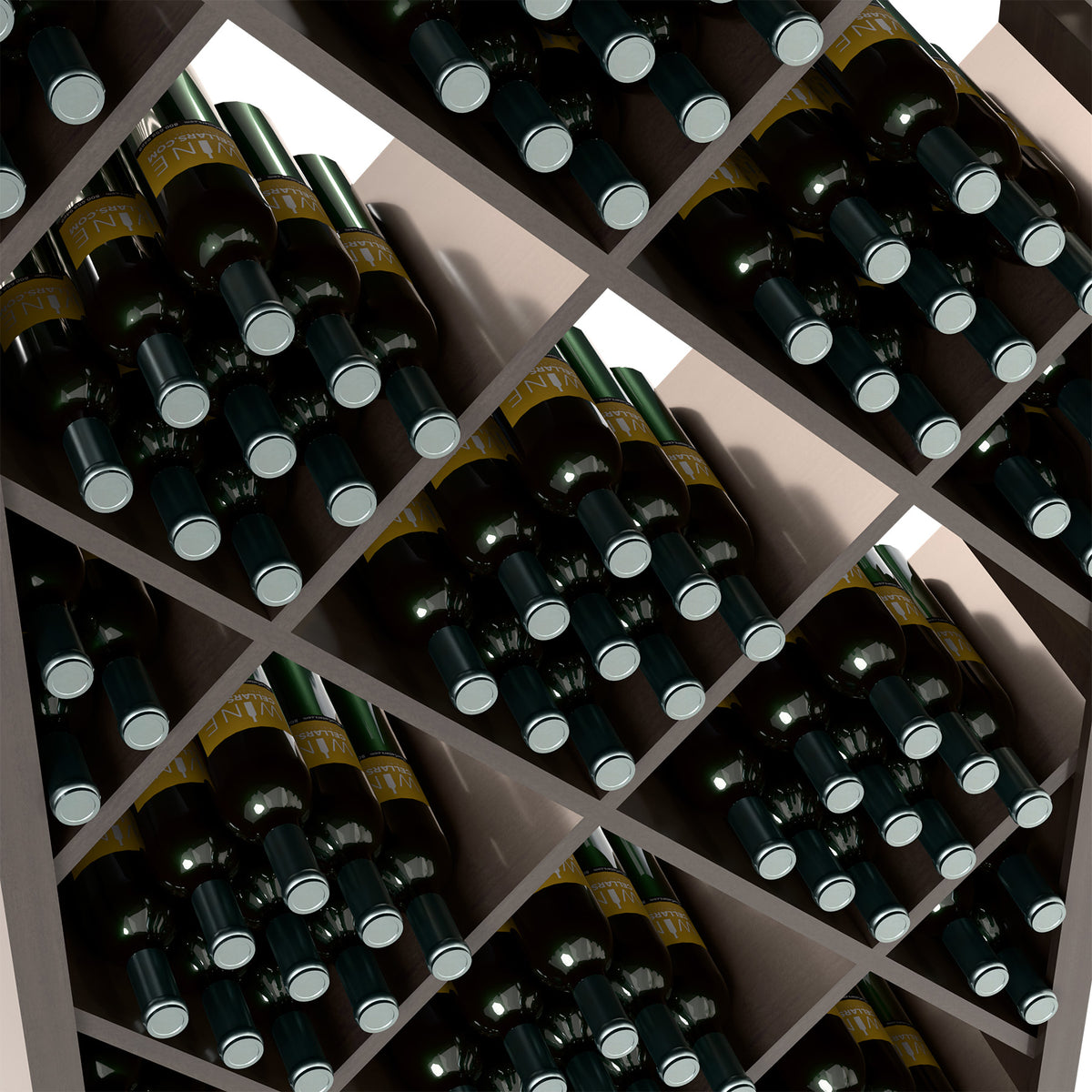 Wine bottle storage cabinet interior with crisscross wooden slots and dark bottles