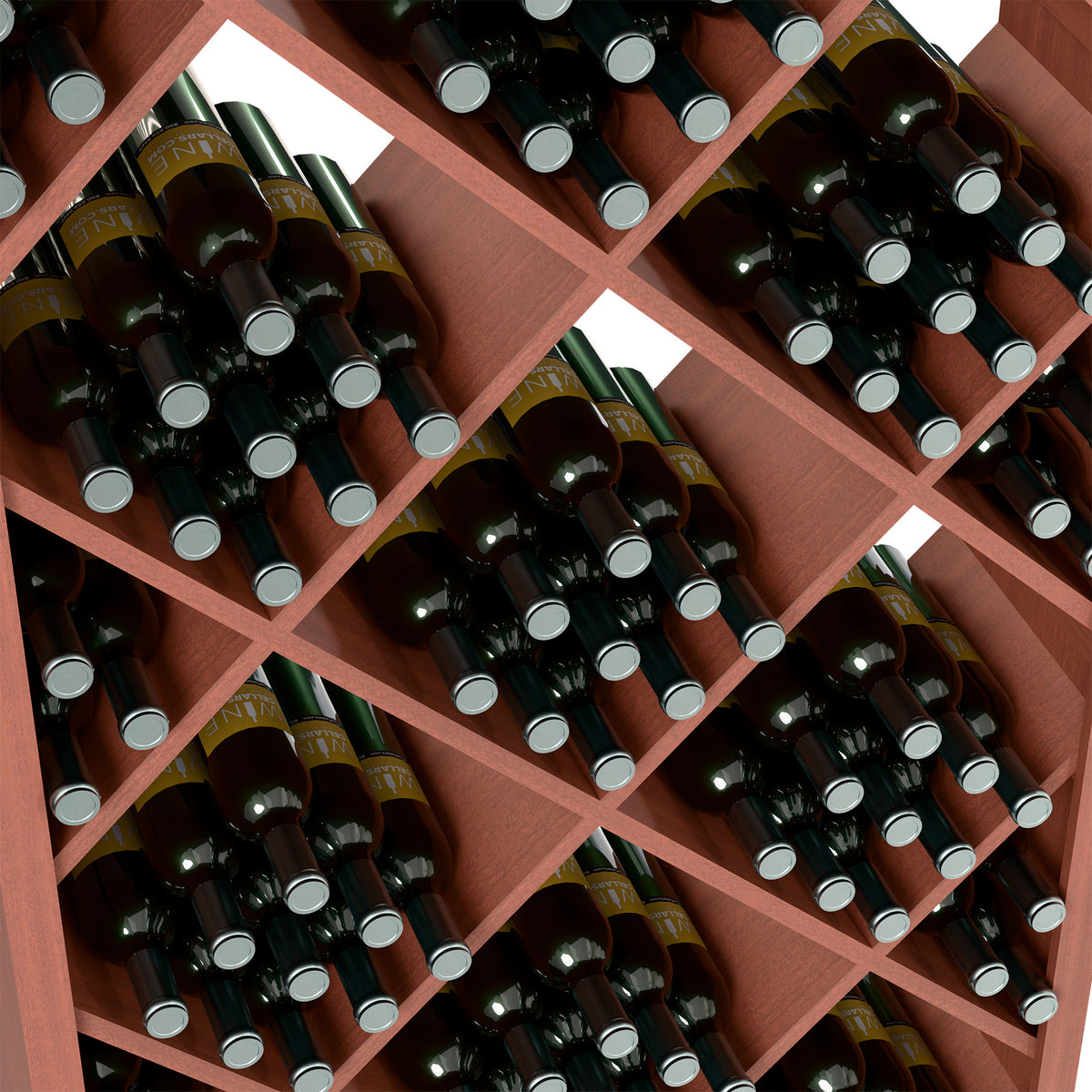 Wine bottle storage cabinet interior with crisscross slots and dark green bottles