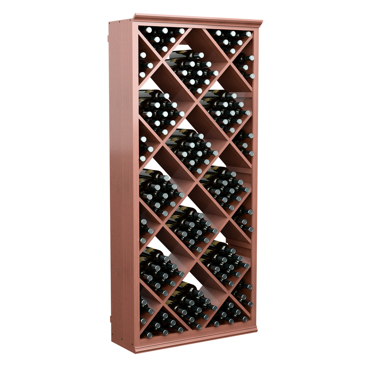 Wine bottle storage cabinet with crisscross wooden slots and reddish-brown frame